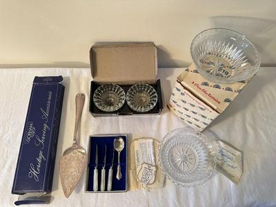 Lot: Gorham Cake Server, Princess House Bowls, Candlestick Holders, Kirk & Matz Cutlery Box (DR)