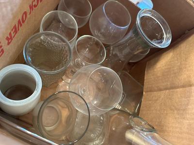 Box of Glass Misc. Pieces w/ Wine Glasses, Caraffe, Bowl, Jar w/ Lid (DR)