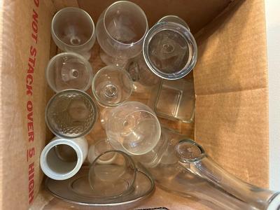 Box of Glass Misc. Pieces w/ Wine Glasses, Caraffe, Bowl, Jar w/ Lid (DR)