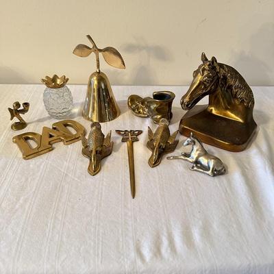 Lot of 10 Brass or Brass-like Items, Horse Bookend, Ducks, Shoe, Pineapple, etc. (B1)