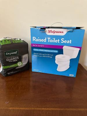 Elder Care Items- Standalone Toilet, Walker, Raised Toilet Seat, Depends (B1)