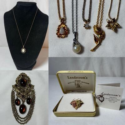 Landstrom’s Black Hills Gold Pin with Gold & Silver Chains & Pendants (K-HS)