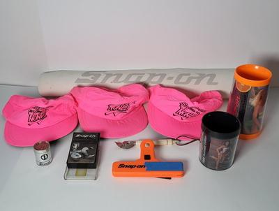 LOT 127: Vintage Snap-On Thermo-Serve 16oz Orange Mug, Tool Mate Coffee Mug, Second to None Neon Pink Hats, Bottle Opener, Matches &...