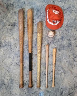 LOT 128: Wooden Baseball Bats & Miller Lite/Orioles Hat
