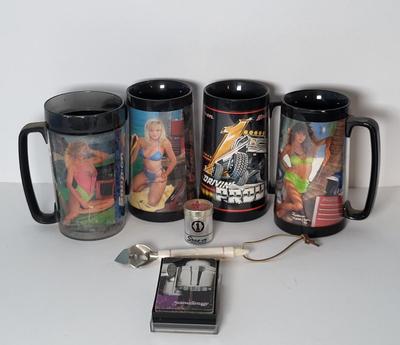 LOT 134: Vintage Snap-On Pin-up Girls 16oz Cups (3) & "Driving Proud Truck 16oz Cup & More