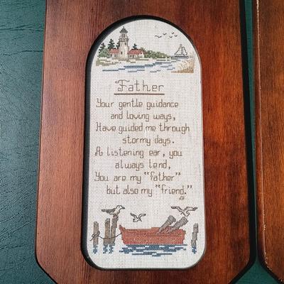 LOT 181: Vintage Hat Rack with Framed Cross-stitch Art