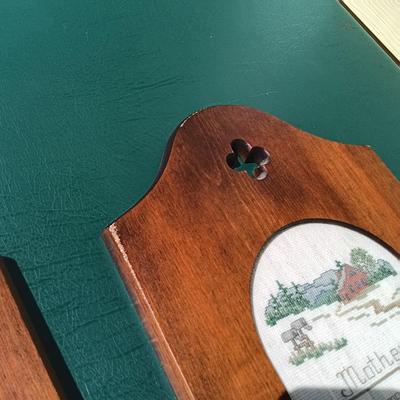 LOT 181: Vintage Hat Rack with Framed Cross-stitch Art