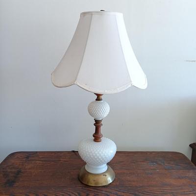 LOT 184: Vintage Writing Desk with Milk Glass and Wood Lamp