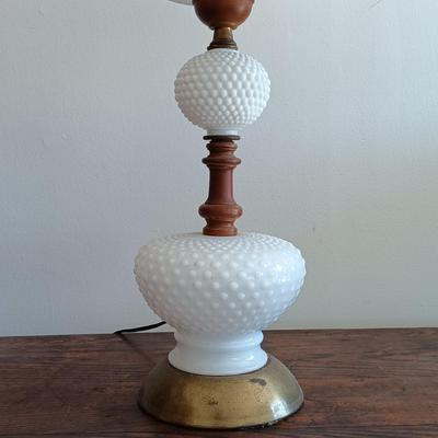 LOT 184: Vintage Writing Desk with Milk Glass and Wood Lamp