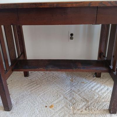 LOT 184: Vintage Writing Desk with Milk Glass and Wood Lamp