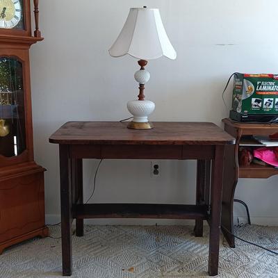 LOT 184: Vintage Writing Desk with Milk Glass and Wood Lamp