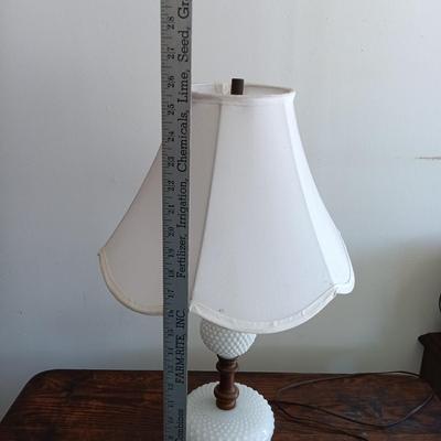LOT 184: Vintage Writing Desk with Milk Glass and Wood Lamp