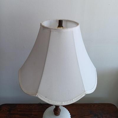 LOT 184: Vintage Writing Desk with Milk Glass and Wood Lamp