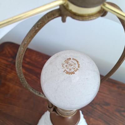 LOT 184: Vintage Writing Desk with Milk Glass and Wood Lamp