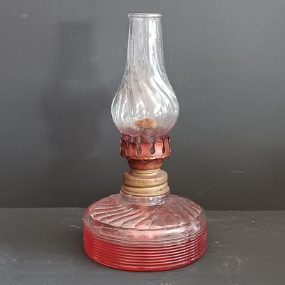 LOT 272: Uranium Glass Flower Frog, Glass Oil Lamps, Silver Crest Ruffled Bowl & More