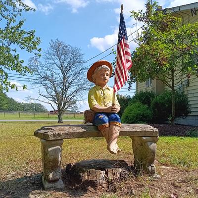 LOT 273: Painted Concrete Fishing Boy Statue with Concrete Bench