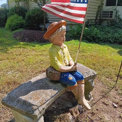 LOT 273: Painted Concrete Fishing Boy Statue with Concrete Bench