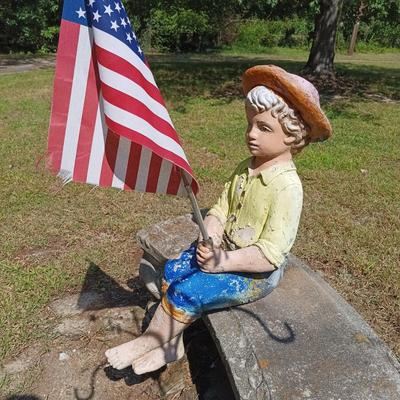 LOT 273: Painted Concrete Fishing Boy Statue with Concrete Bench