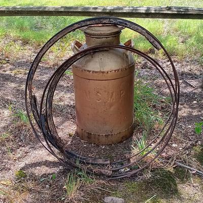 LOT 274: Vintage MCMP Milk Can with Metal Wagon Wheel Rims