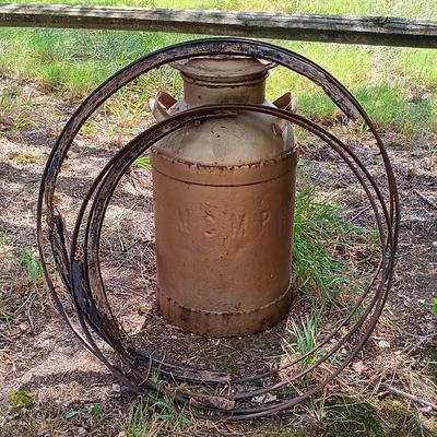 LOT 274: Vintage MCMP Milk Can with Metal Wagon Wheel Rims