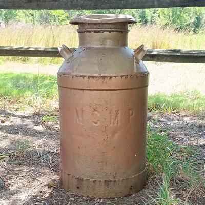 LOT 274: Vintage MCMP Milk Can with Metal Wagon Wheel Rims