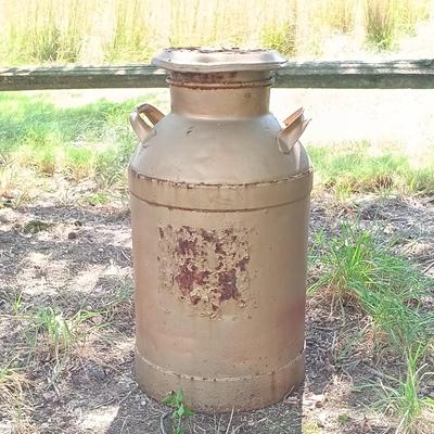 LOT 274: Vintage MCMP Milk Can with Metal Wagon Wheel Rims