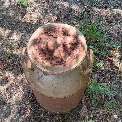 LOT 274: Vintage MCMP Milk Can with Metal Wagon Wheel Rims