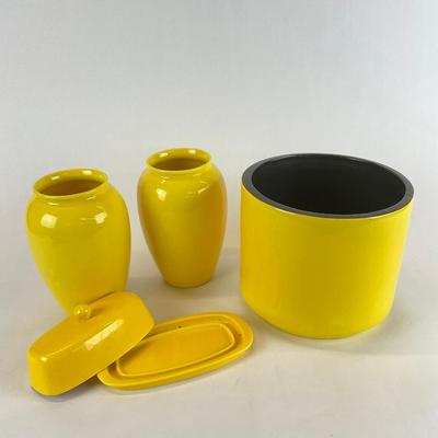 Sale Photo Thumbnail #807: Two Dansk Vases (8" high), Calie USA pot (7" high x 8.5" diameter) & Yellow butter dish