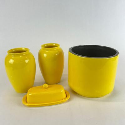 Sale Photo Thumbnail #804: Two Dansk Vases (8" high), Calie USA pot (7" high x 8.5" diameter) & Yellow butter dish