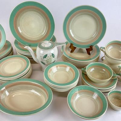 Sale Photo Thumbnail #19: 12 dinner plates, 9 salad plates, 12 dessert plates, 11 small plates, 6 soup with saucers, 6 tea cups & saucers, 10 butter trays, 9 bowls, Salt & pepper tray, tea pot, oval dish, condiment bowl, sugar cup