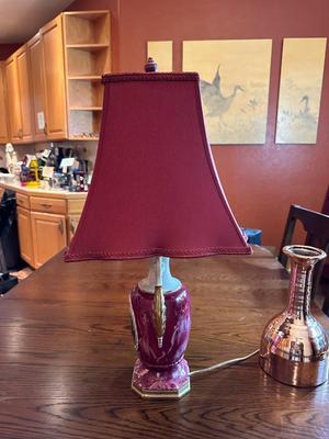 VINTAGE VICTORIAN STYLE LAMP, COPPER COLORED VASE AND METAL BUD VASE