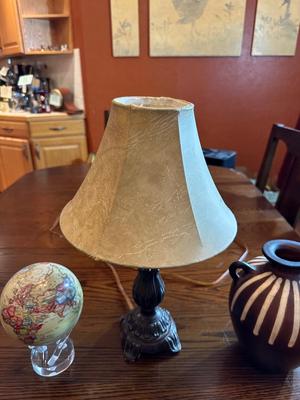 CLAY POT SIGNED JOSE SOSA, FLOATING GLOBE AND A SMALL LAMP