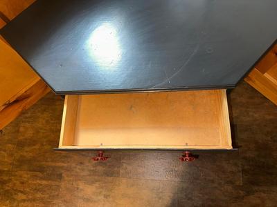 CORNER TABLE WITH DRAWER AND FAUCET DRAWER PULLS