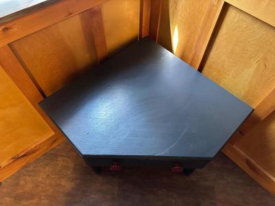 CORNER TABLE WITH DRAWER AND FAUCET DRAWER PULLS