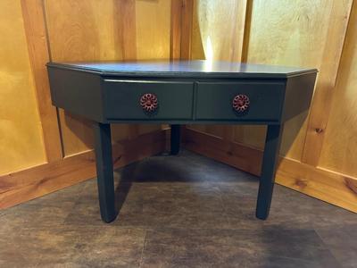 CORNER TABLE WITH DRAWER AND FAUCET DRAWER PULLS