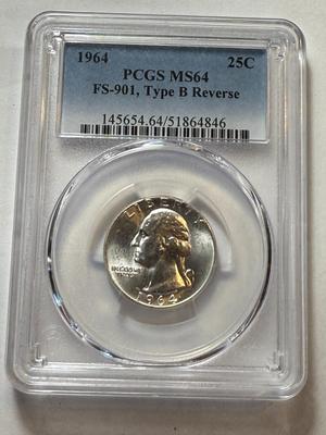 PCGS CERTIFIED 1964-P FS-901 TYPE-B REVERSE MS64 WASHINGTON QUARTER AS PICTURED.