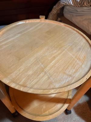 Sale Photo Thumbnail #35: This great table has two wooden trays that can be removed & base folds for easy storage22” high x 18”