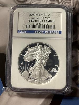 NGC CERTIFIED 2008-W PROOF69 DEEP CAMEO SILVER EAGLE DOLLAR AS PICTURED.