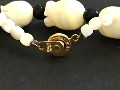 Vintage Carved Tulip Mother Of Pearl Necklace Black Glass Beads