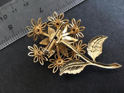 Gold Tone Red Rhinestone Brooch Vintage