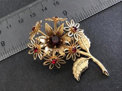 Gold Tone Red Rhinestone Brooch Vintage