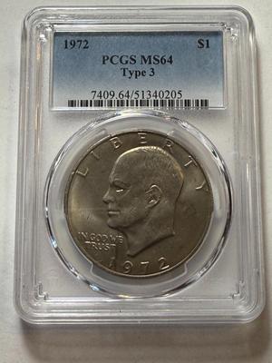 PCGS CERTIFIED 1972 MS64 TYPE-3 EISENHOWER DOLLAR COIN AS PICTURED.