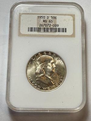 NGC CERTIFIED 1950-D MS65 FRANKLIN SILVER HALF DOLLAR COIN AS PICTURED.