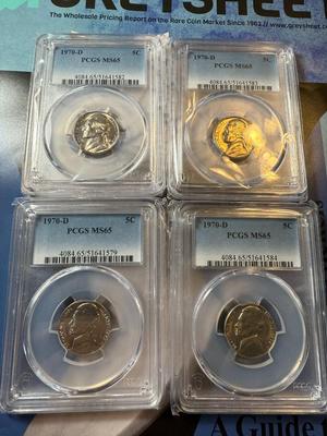 (4) PCGS CERTIFIED 1970-D MS65 JEFFERSON NICKEL COINS AS PICTURED.