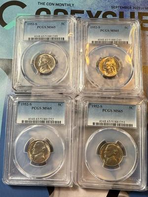 (4) PCGS CERTIFIED 1952-S MS65 JEFFERSON NICKEL COINS AS PICTURED.