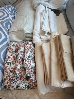 Box of Sheet Sets, 2 King Mattress Protectors, and King Comforter (B2)