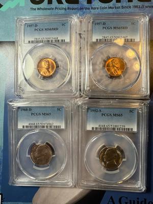 (4) PCGS CERTIFIED 2-1957-D MS65 RED, 1-1960-D MS65, & 1-1952-S MS65 COINS AS PICTURED.