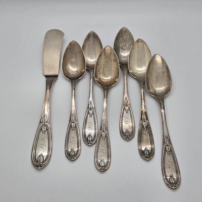 LOT 195J: Antique Wood and Hughes Silver Flatware Olive Pattern/ 181.9 grams
