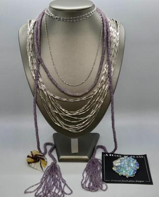 LOT 110J: Silver-Tone Graduated Strand Necklace, Woven Beaded Lariat, Two Glass Pendants, and More