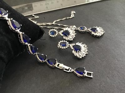 Beautiful Royal Blue Set Necklace Tennis Bracelet Earrings Marked